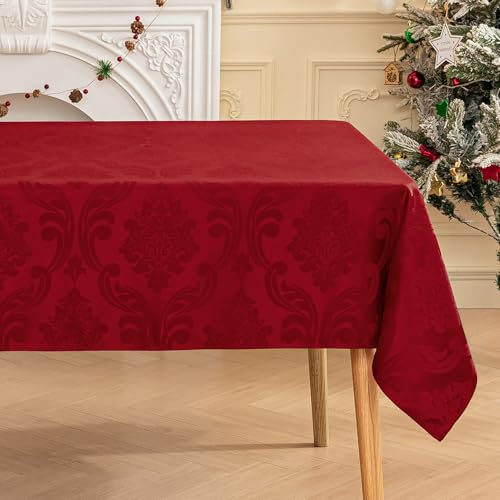 Romanstile Red Christmas Jacquard Tablecloth 60x144 Inch Waterproof Floral Decor