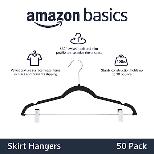 Amazon Basics Velvet Non-Slip Skirt Hangers with Clips, Pack of 50, Black/Silver