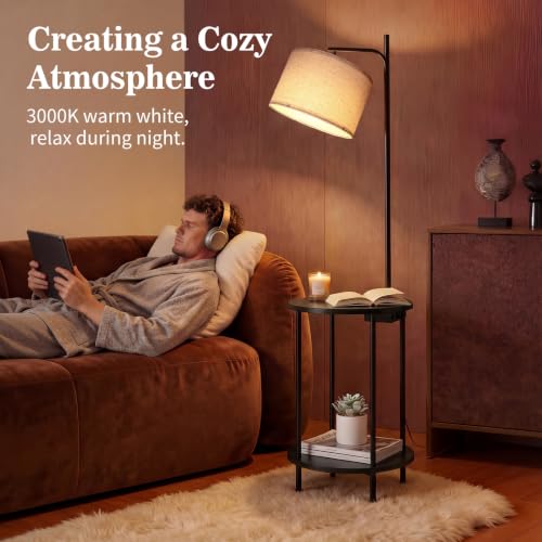 ONEWISH Black Floor Lamp with Table and USB-C Charging Ports - Modern Nightstand & Reading Light