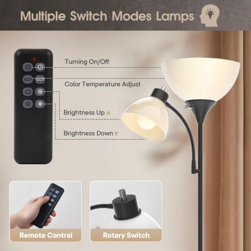 GERGO Matte Black Torchiere Floor Lamp with Remote & Adjustable Reading Light