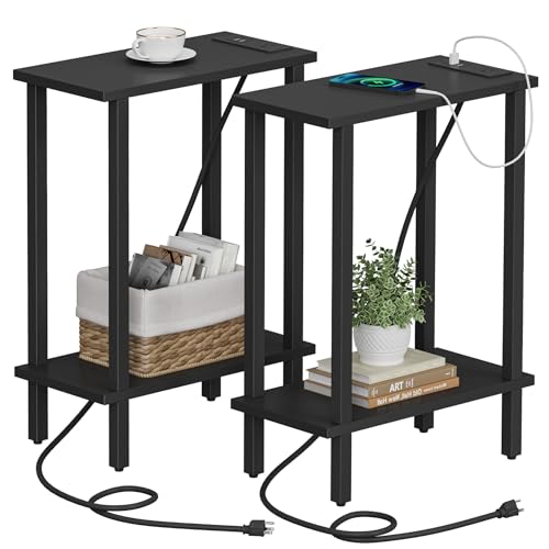 TUTOTAK 2-Tier Black Narrow Side Table Set of 2 with Charging Station