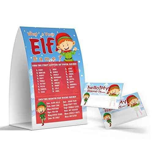 What's Your Elf Name Game, Christmas Party Games Activities, 1 Sign and 50 Name Tag Stickers -JJ043