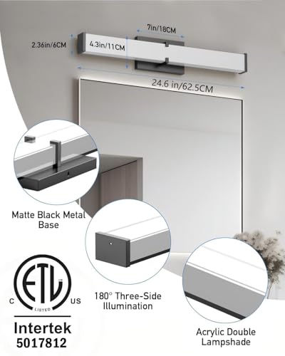 Modern 24-Inch Black Bathroom Vanity Light 5CCT Dimmable 2500 Lumens