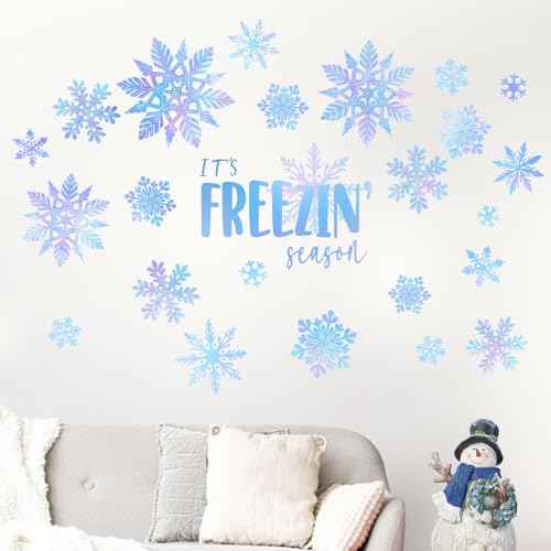 Mfault Winter Blue Snowflake Wall Decals Stickers, It's Freezin' Season Snow Decorations Bedroom Art, Seasonal Christmas Home Kitchen Decor