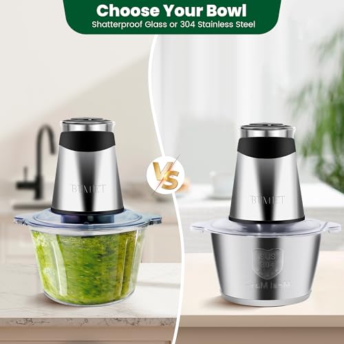BUMET 500W Meat Grinder Food Chopper with 2×8-Cup Bowls & 2 Blades, Fast & Durable Kitchen Processor