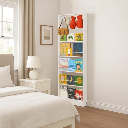 Kids Behind Door Bookshelf - 5-Tier Wooden Bookcase for Kids Room, White, 23.6''L x 3.94''D x 72.85''H