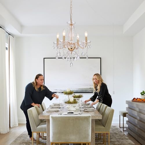 Plug-in Gold Crystal Chandelier French Country Pendant Lighting - 4 Light