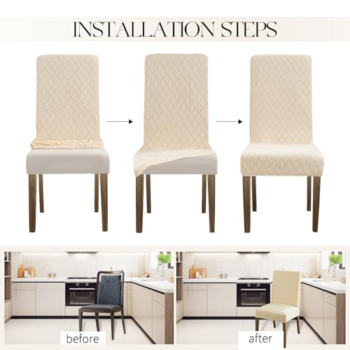 Waterproof Dining Room Chair Covers Set of 6 - Large Diamond-Beige Stretchable Protective Cover for Chairs