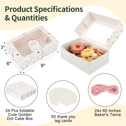 White & Gold 24 Pack Christmas Cookie Boxes with Window 9x6x3 Inches Bakery Gift Packaging