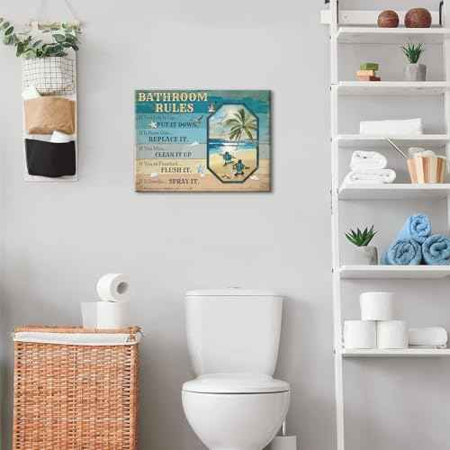 Sea Turtle Bathroom Decor Teal Blue Bathroom Rules Wall Art Beach Themed Funny Quotes Words Pictures Farmhouse Toilet Sign Canvas Prints Artwork for Restroom Door Bath Laundry Home Decorations 12x16"
