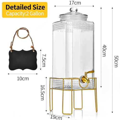 FUREEY 2 Gallon Beverage Dispenser with Stand, Glass Lid & Stainless Steel Spigot