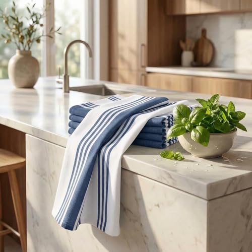 Urban Villa Indigo Blue & White Cotton Kitchen Towels Set of 6 20x30"