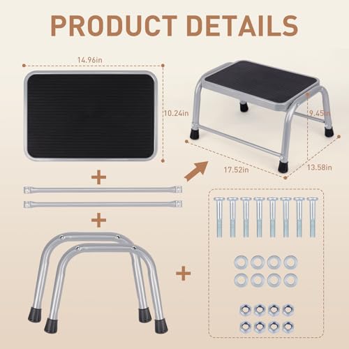 Valeo Gray 3-Level Heavy Duty Metal Step Stool with Non-Slip Rubber Feet - 600 lbs Capacity