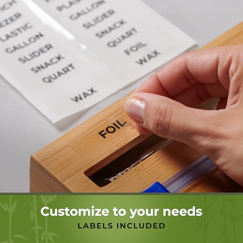 Woodenhouse Bamboo Kitchen Drawer Organizer with Foil & Plastic Wrap Dispenser, 9" - Includes Labels