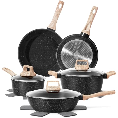 Non-Stick Pots and Pans Set - 12 Pieces Black Granite Induction Cookware - Variation: Black / 12 Pieces