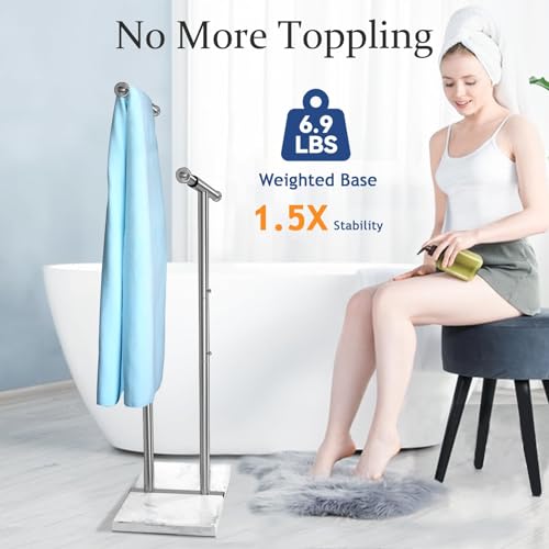 Silver 40'' Stainless Steel Towel Rack with Marble Base, 2-Tier Adjustable