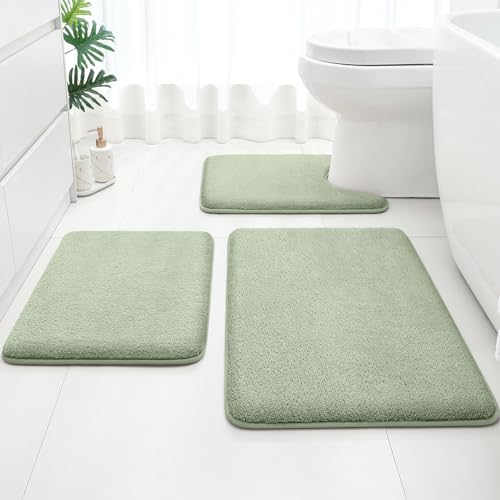 HOMEIDEAS Sage Green 3-Piece Bathroom Rug Set with Memory Foam, Absorbent Bath Mats U-Shape Toilet Rug