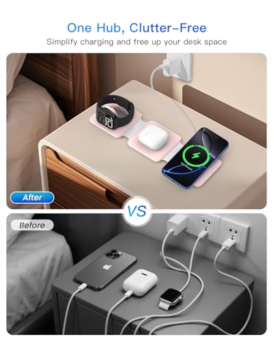 Iseyyox Pale-Pink 3-in-1 Foldable Magnetic Wireless Charging Station for Apple Devices