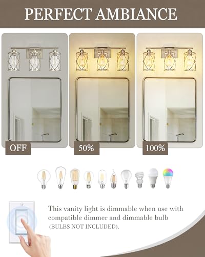 Osimir 3-Light Brushed Nickel Bathroom Vanity Light with Clear Glass & Metal Cage, 21 Inch Over Mirror Wall Sconce, Dimmable, CH9176BN-3W