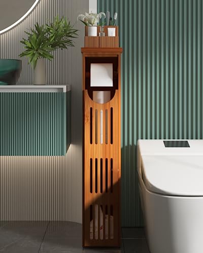 AmazerBath Bamboo Toilet Paper Holder with Storage - Brown, Small Bathroom Cabinet