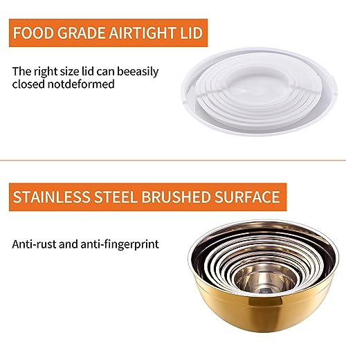 Moxinox Gold Nesting Stainless Steel Mixing Bowls Set of 7 with Airtight Lids