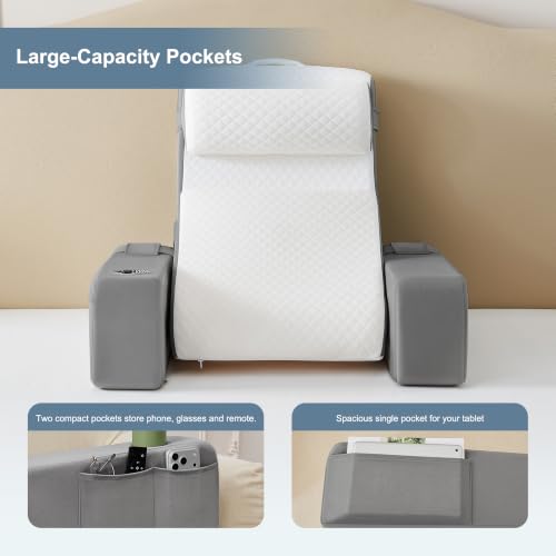Light Gray Reading Pillow for Bed with Adjustable Armrests & Side Pockets - 5PCS Set