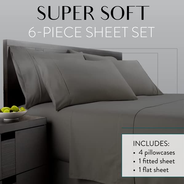 Gray King Size Bed Sheet Set with 4 Pillowcases - Cooling Microfiber Bedding