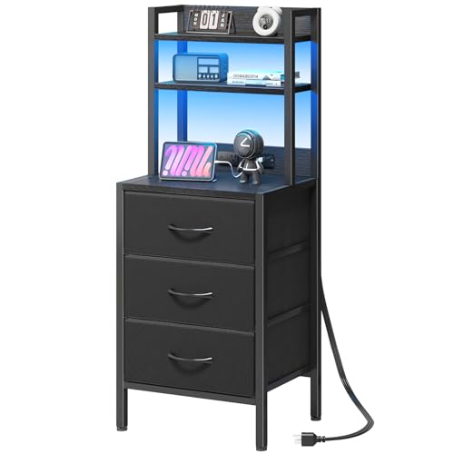 Fixwal 41 Inch Black Nightstand with Charging Station & 3 Drawers, RGB LED