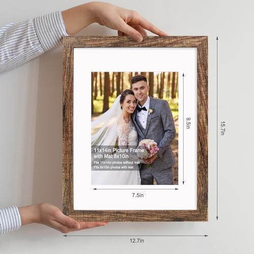 Hongkee Rustic Brown 11x14 Picture Frame Set of 4 with Glass & Mat for Wall or Table Display