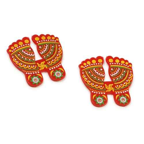 Handmade Deepak Red Acrylic Diwali Rangoli with Laxmi Charan Pagla | Floor & Table Diwali Decoration with Studded Stones & Sequins | Traditional Festive Home Door Rangoli D?cor (Multi)