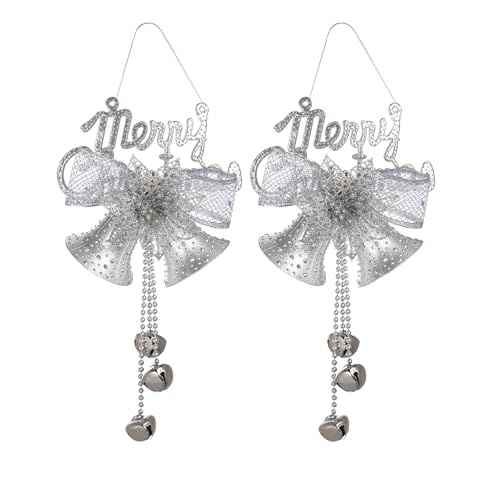 2 Pcs Metal Merry Christmas Bell Door Hanging Ornament with Bow for Tree & Wreath Decoration DIY Bells (Silver)