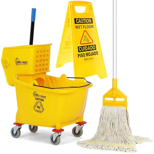 Commercial 35-Quart Side Press Mop Bucket Set on Wheels with Wet Floor Sign - Yellow