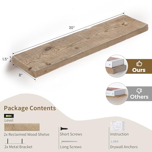 Floating Shelves Set of 2 - Rustic Reclaimed Wood Wall Storage with Heavy-Duty Invisible Brackets - 30 Inch Natural Distressed