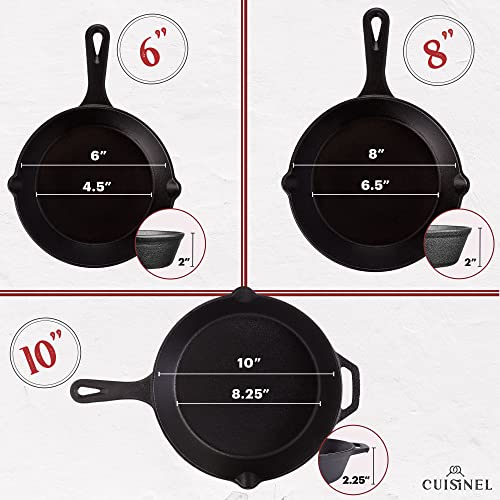 Cuisinel 3-Piece Cast Iron Skillet Set 6, 8 & 10 Inch Pre-Seasoned Frying Pans