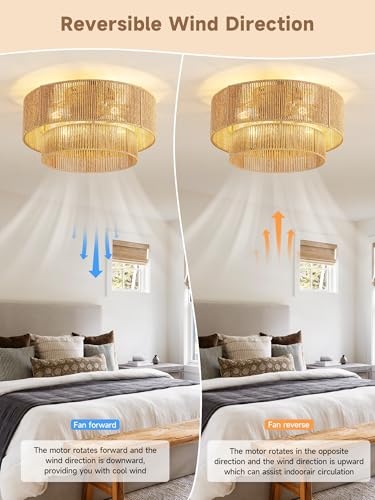 Ahtytjh Gold Boho Caged Ceiling Fan with Light Flush Mount & Handwoven Rattan