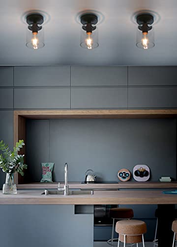 Pathson Industrial Ceiling Light Fixture with Glass Shade, 1-Light Flush Mounted Pendant Lighting Chandelier for Hallway Loft Kitchen Bar Close to Ceiling