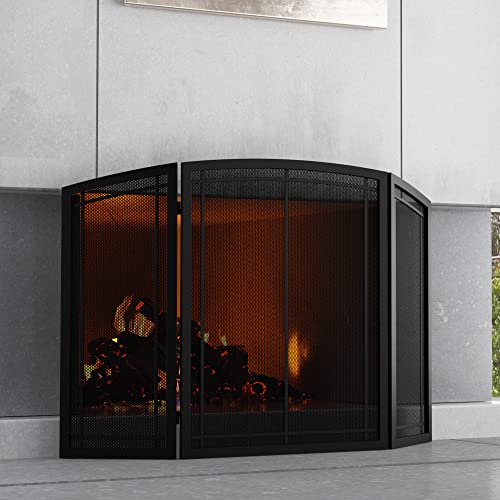 FireBeauty 3-Panel Wrought Iron Fireplace Screen 48x30 Inch Black Safety Guard
