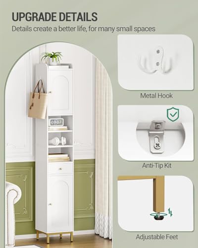 White Tall Bathroom Cabinet with Adjustable Shelves and Drawer - 11 x 11 x 70.9 Inches