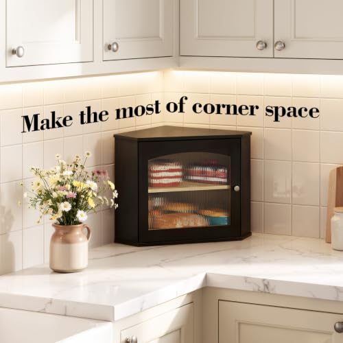 Corner Bread Box for Kitchen Countertop - Bamboo Wood Storage, Black Variation