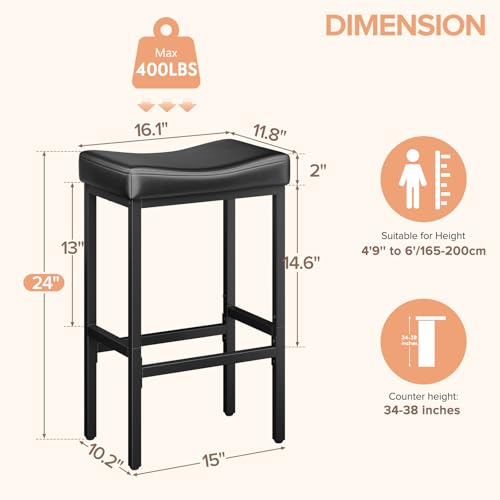 Black 24 Inch Counter Height Bar Stools Set of 2 - Modern Compact Dining Chairs