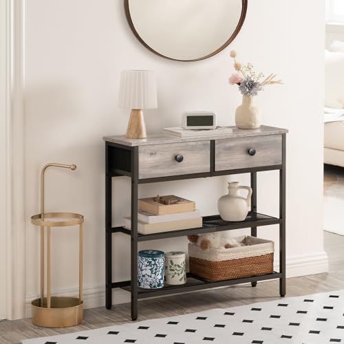 HOOBRO Greige & Black Narrow Console Table with 2 Fabric Drawers, 29.5" Entryway Storage