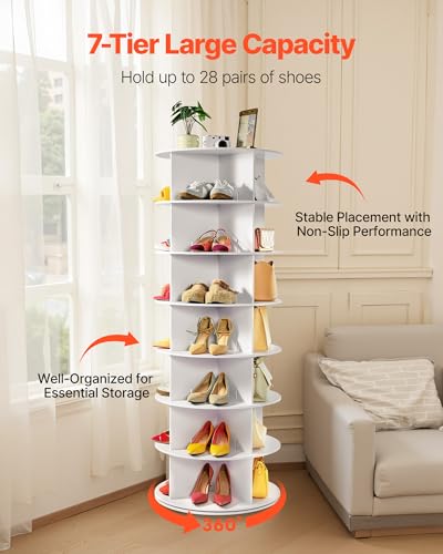 White 7-Tier Rotating Shoe Rack Tower - Freestanding 360° Spinner Organizer