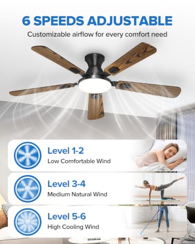 52-Inch Ceiling Fan with Lights and Remote Control - Black/Wood Grain Flush Mount