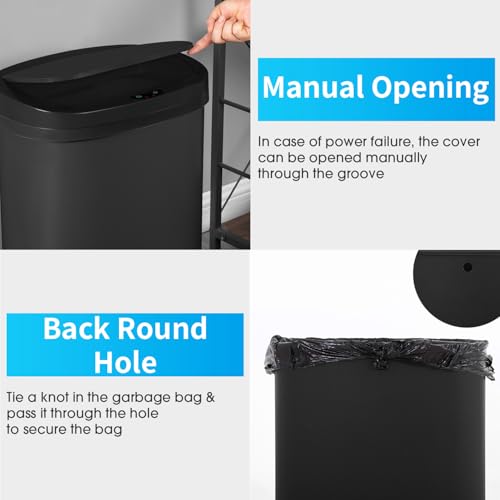 Automatic 13 Gallon Sensor Trash Can with Lid - Black Plastic Waste Bin