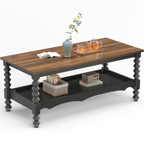 YOSHOOT 42-Inch Black Farmhouse Coffee Table with Storage, 2-Tier, Solid Wood Legs, 18.9"D x 41.3"W x 17.7"H