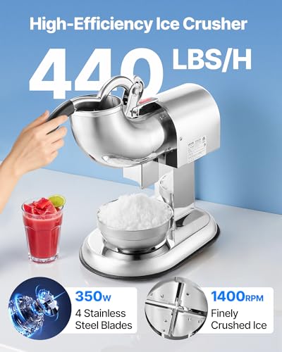 440LBS/HR Electric Ice Crusher Machine with 4 Blades, Stainless Steel Snow Cone Maker, 350W - Silver