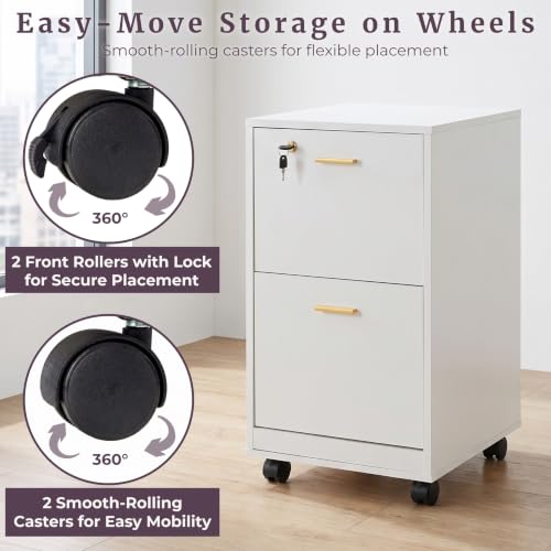 White Wooden File Cabinet with Lock & 2 Drawers - 16x27 Inch, Gold Hardware Variation