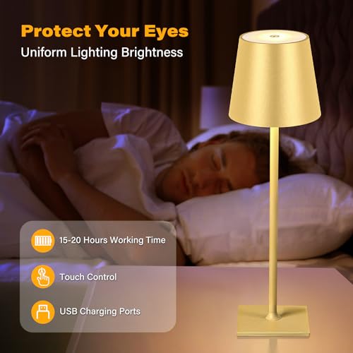 Cordless Table Lamp - 3 Light Modes, Stepless Dimming, Gold Finish, 5000mAh Rechargeable Battery, LED Desk Light for Bedroom & Dining