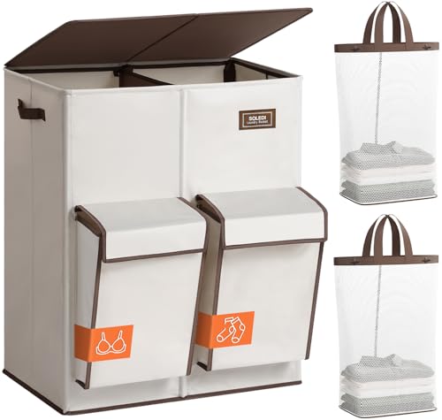 SOLEDI Beige 180L Double Laundry Hamper with Lid & 2 Side Pockets - Large Capacity