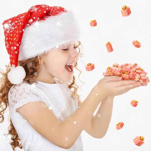 Bucherry 50 Pcs Christmas Miniature Resin Gift Boxes Pink and Gold Mini Christmas Ornaments Xmas Miniature Figurines Charms for Craft DIY Garden Accessories